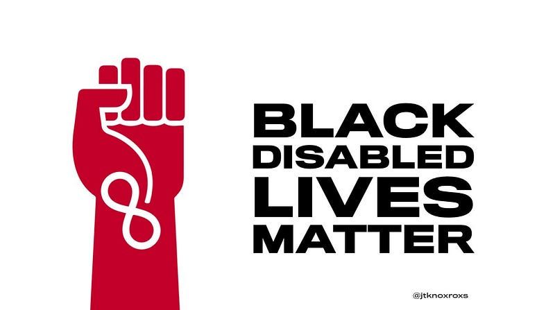 graphic protest poster — red fist raised with ND symbol next to text that reeds Black Disabled Lives Matter